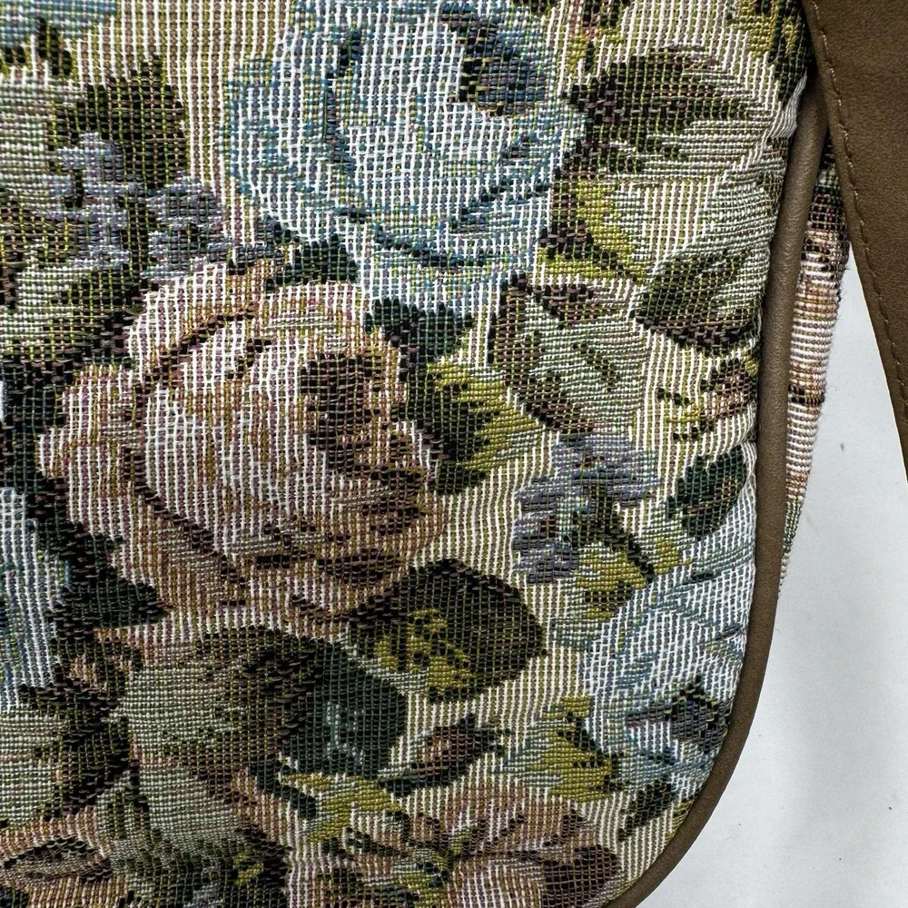 One East Carpet Bag Purse Tapestry Green Pink Canvas Med Zip Close Faux Leather
